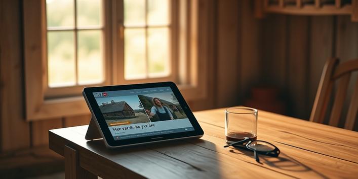 En surfplatta visar svensk TV i en mysig sommarstuga, med kaffe och glasögon på bordet.