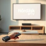 Enkel installation av Nordisk IPTV visas i ett modernt vardagsrum.
