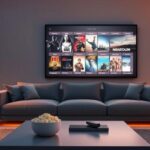 A softly lit living room with a couch facing a TV screen displaying film posters, symbolizing Nordisk IPTV's vast library of films and series with Swedish subtitles. A bowl of popcorn and a remote control are on the coffee table.