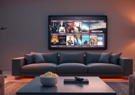 A softly lit living room with a couch facing a TV screen displaying film posters, symbolizing Nordisk IPTV's vast library of films and series with Swedish subtitles. A bowl of popcorn and a remote control are on the coffee table.