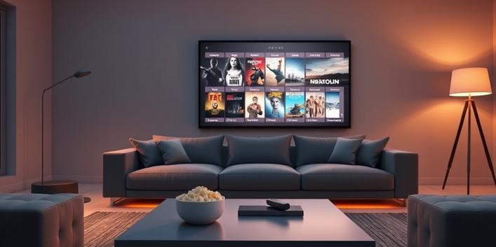 A softly lit living room with a couch facing a TV screen displaying film posters, symbolizing Nordisk IPTV's vast library of films and series with Swedish subtitles. A bowl of popcorn and a remote control are on the coffee table.