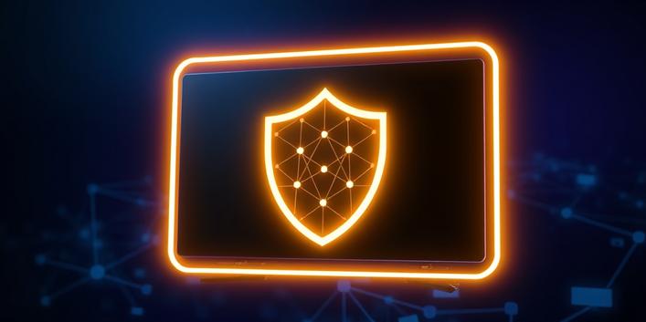 En lysande sköld kring en TV-skärm symboliserar säker och anonym streaming med Nordisk IPTV.