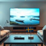 En minimalistisk 3D-illustration av ett vardagsrum med en stor TV som visar skärgårdsbilder, med en fjärrkontroll och en svensk flagga på bordet framför soffan för en artikel om den bästa IPTV-tjänsten i Sverige 2026.