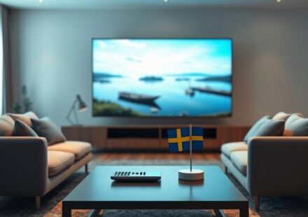 En minimalistisk 3D-illustration av ett vardagsrum med en stor TV som visar skärgårdsbilder, med en fjärrkontroll och en svensk flagga på bordet framför soffan för en artikel om den bästa IPTV-tjänsten i Sverige 2026.