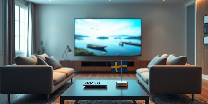 En minimalistisk 3D-illustration av ett vardagsrum med en stor TV som visar skärgårdsbilder, med en fjärrkontroll och en svensk flagga på bordet framför soffan för en artikel om den bästa IPTV-tjänsten i Sverige 2026.