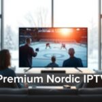 En minimalistisk skandinavisk vardagsrumsscen med en modern TV som visar en ishockeymatch, familjens ansikten reflekteras i skärmen, med texten "Premium Nordic IPTV".