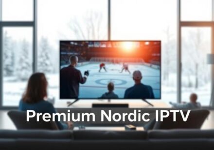 En minimalistisk skandinavisk vardagsrumsscen med en modern TV som visar en ishockeymatch, familjens ansikten reflekteras i skärmen, med texten "Premium Nordic IPTV".