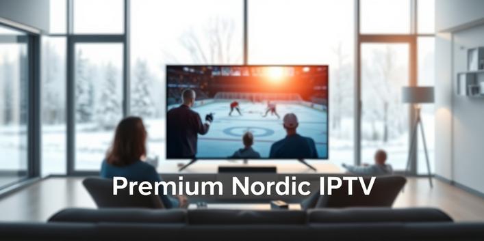 En minimalistisk skandinavisk vardagsrumsscen med en modern TV som visar en ishockeymatch, familjens ansikten reflekteras i skärmen, med texten "Premium Nordic IPTV".