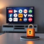 En minimalistisk 3D-illustration av ett svenskt vardagsrum med en TV som visar IPTV-logotyper, ett hänglås och en smartphone som illustrerar valet av en säker IPTV-tjänst.