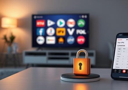 En minimalistisk 3D-illustration av ett svenskt vardagsrum med en TV som visar IPTV-logotyper, ett hänglås och en smartphone som illustrerar valet av en säker IPTV-tjänst.