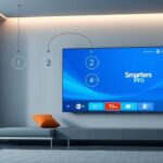 En 4K-TV som visar IPTV Smarters Pro-gränssnittet med steg-för-steg instruktioner som flyter ovan skärmen.
