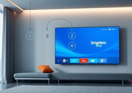 En 4K-TV som visar IPTV Smarters Pro-gränssnittet med steg-för-steg instruktioner som flyter ovan skärmen.