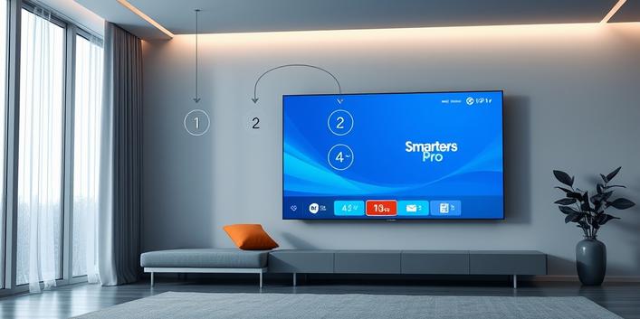 En 4K-TV som visar IPTV Smarters Pro-gränssnittet med steg-för-steg instruktioner som flyter ovan skärmen.