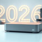 A futuristic IPTV box on a white surface with floating "2026" and a family silhouette, symbolizing 4K streaming in 2026.