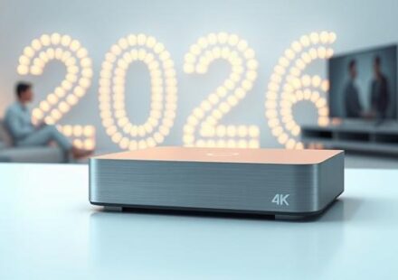 A futuristic IPTV box on a white surface with floating "2026" and a family silhouette, symbolizing 4K streaming in 2026.