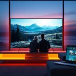 En stilren 3D-illustration av en 4K-TV som visar ett nordiskt landskap, återspeglat med bilden av ett par på en soffa, vilket symboliserar streaming av filmer och serier med Nordisk IPTV.