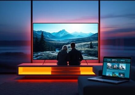 En stilren 3D-illustration av en 4K-TV som visar ett nordiskt landskap, återspeglat med bilden av ett par på en soffa, vilket symboliserar streaming av filmer och serier med Nordisk IPTV.