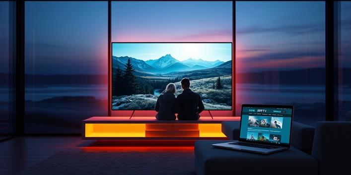En stilren 3D-illustration av en 4K-TV som visar ett nordiskt landskap, återspeglat med bilden av ett par på en soffa, vilket symboliserar streaming av filmer och serier med Nordisk IPTV.