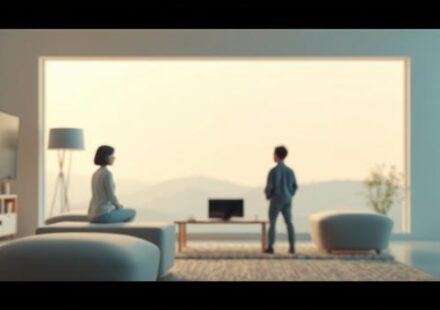 En 3D-illustration av en person som tittar på tv med en stor skärm och en fjärrkontroll i handen