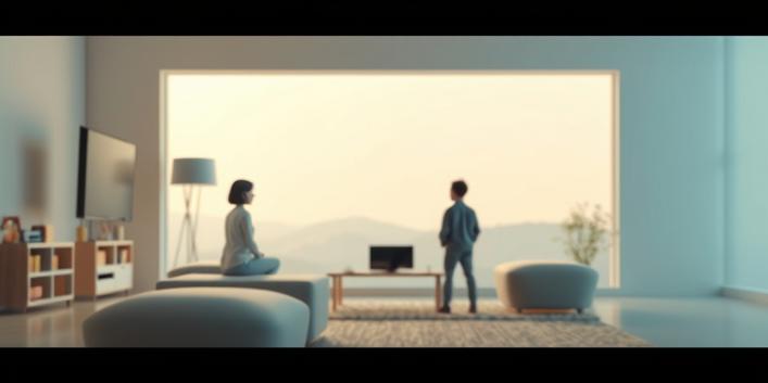 En 3D-illustration av en person som tittar på tv med en stor skärm och en fjärrkontroll i handen