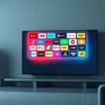 En 3D-illustration som visar en smart-TV med streamingikoner, en serverrack och ett säkerhetslås, vilket representerar IPTV-teknik, laglighet och säkerhet.