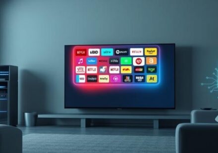 En 3D-illustration som visar en smart-TV med streamingikoner, en serverrack och ett säkerhetslås, vilket representerar IPTV-teknik, laglighet och säkerhet.