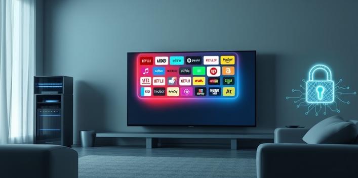En 3D-illustration som visar en smart-TV med streamingikoner, en serverrack och ett säkerhetslås, vilket representerar IPTV-teknik, laglighet och säkerhet.