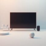 En 3D-illustration av en TV med en skärm som visar en strömmande video, omgiven av lagtexter och symboler som representerar IPTV och streaming