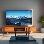 A 3D rendering of a modern living room featuring a high-definition TV displaying a Nordic landscape, with a sleek router underneath. The scene evokes a sense of stability and speed in IPTV streaming.