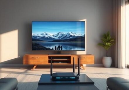 A 3D rendering of a modern living room featuring a high-definition TV displaying a Nordic landscape, with a sleek router underneath. The scene evokes a sense of stability and speed in IPTV streaming.