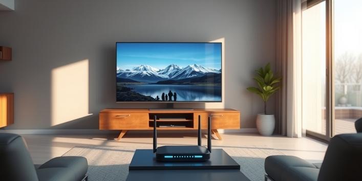 A 3D rendering of a modern living room featuring a high-definition TV displaying a Nordic landscape, with a sleek router underneath. The scene evokes a sense of stability and speed in IPTV streaming.