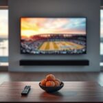 Modern vardagsrumsmiljö med fokus på en TV som visar sport, symboliserande framtidens IPTV-upplevelse i Sverige.