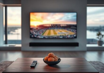 Modern vardagsrumsmiljö med fokus på en TV som visar sport, symboliserande framtidens IPTV-upplevelse i Sverige.