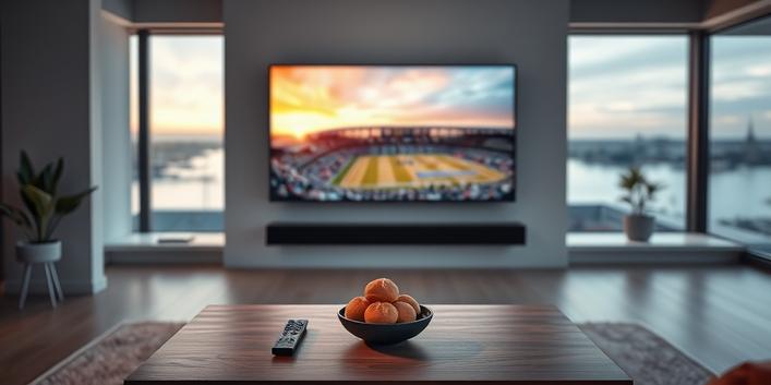 Modern vardagsrumsmiljö med fokus på en TV som visar sport, symboliserande framtidens IPTV-upplevelse i Sverige.