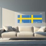 Stylized living room with Scandinavian sofa, holographic IPTV projection showing Swedish flag, and the word "Pålitlig".