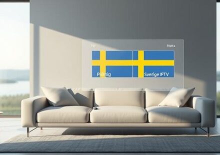 Stylized living room with Scandinavian sofa, holographic IPTV projection showing Swedish flag, and the word "Pålitlig".