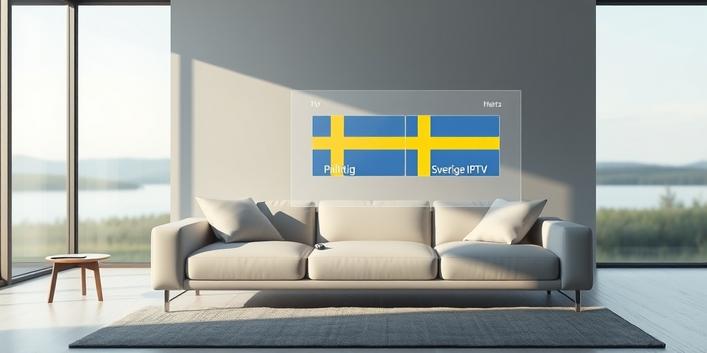 Stylized living room with Scandinavian sofa, holographic IPTV projection showing Swedish flag, and the word "Pålitlig".