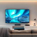 Modern 4K TV showing Nordic scenery in a Scandinavian living room, symbolizing Nordisk IPTV.
