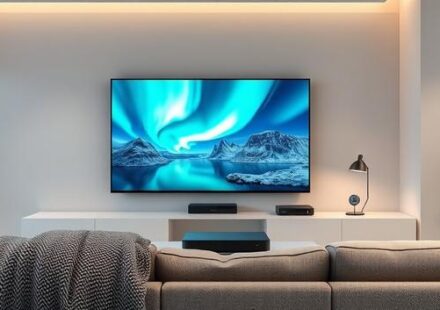 Modern 4K TV showing Nordic scenery in a Scandinavian living room, symbolizing Nordisk IPTV.