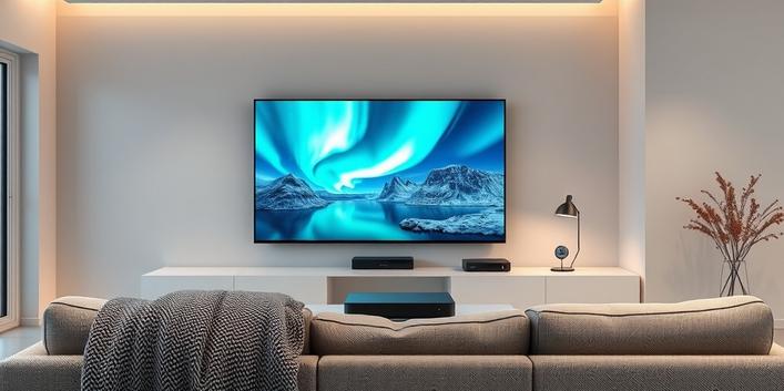 Modern 4K TV showing Nordic scenery in a Scandinavian living room, symbolizing Nordisk IPTV.