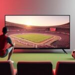 En minimalistisk 3D-illustration av en person som tittar på sport och filmer med en stor skärm i bakgrunden