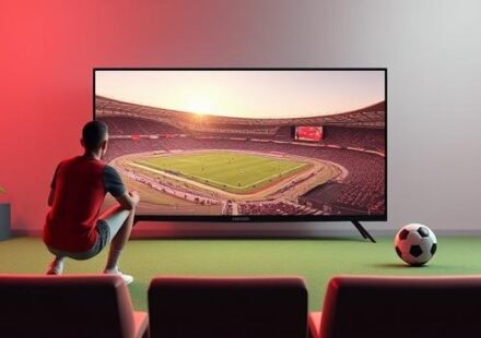En minimalistisk 3D-illustration av en person som tittar på sport och filmer med en stor skärm i bakgrunden