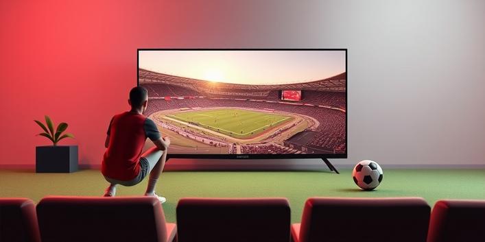En minimalistisk 3D-illustration av en person som tittar på sport och filmer med en stor skärm i bakgrunden