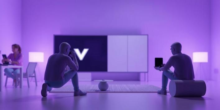Två personer som tittar på en stor skärm med sportkanaler
