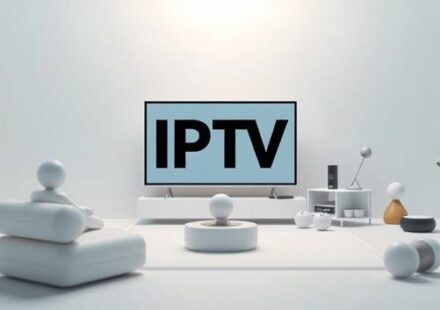 Bild på en modern TV med en stor skärm som visar en högkvalitativ IPTV-ström, omgiven av bekväma soffor och en läcker hemmabio-anläggning, som symboliserar Sveriges bästa IPTV-leverantör