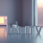 En 3D-illustration av en TV-skärm med undertexter, omgiven av en minimalistisk bakgrund