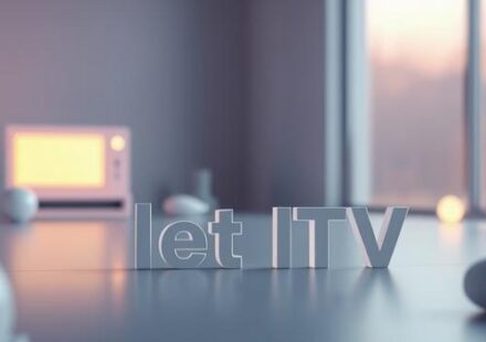 En 3D-illustration av en TV-skärm med undertexter, omgiven av en minimalistisk bakgrund