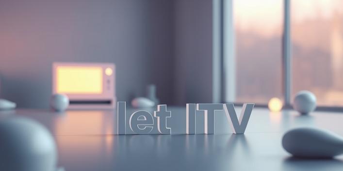 En 3D-illustration av en TV-skärm med undertexter, omgiven av en minimalistisk bakgrund