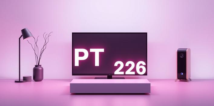 En 3D-illustration av en IPTV-box med en skärm som visar en film, omgiven av andra enheter och kablar i en minimalistisk miljö