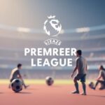 En 3D-illustration av en fotbollsmatch på en stor skärm med texten "Streama Premier League 2026/2027 med Nordisk IPTV 4K" synlig